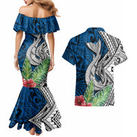 Polynesian Couples Matching Mermaid Dress and Hawaiian Shirt Whale Pattern and Hibiscus Flowers - Wonder Print Shop