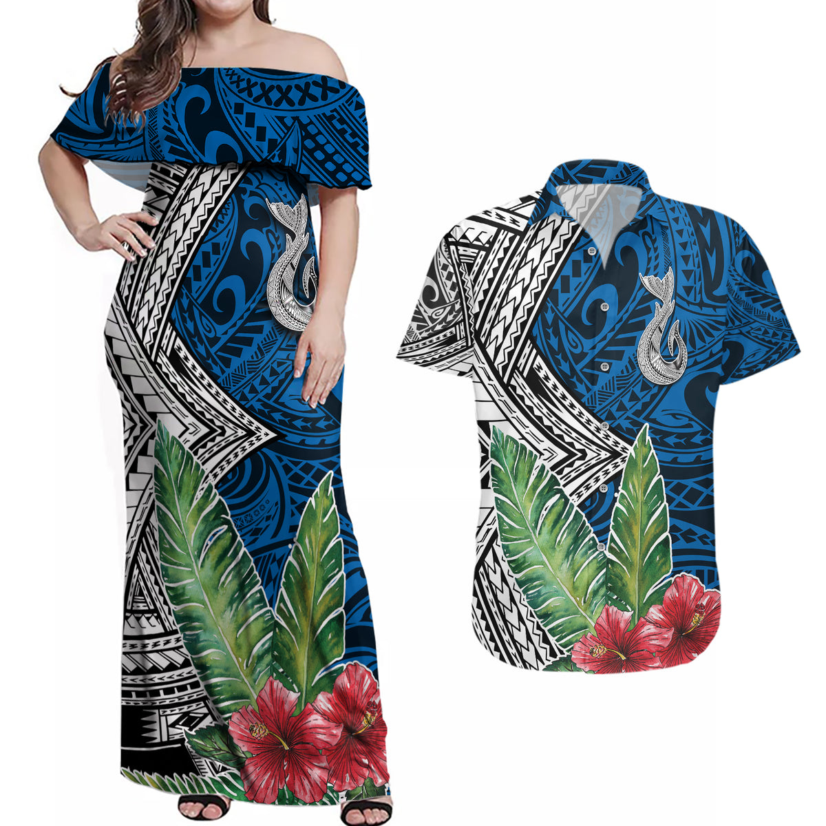 Polynesian Couples Matching Off Shoulder Maxi Dress and Hawaiian Shirt Whale Pattern and Hibiscus Flowers - Wonder Print Shop