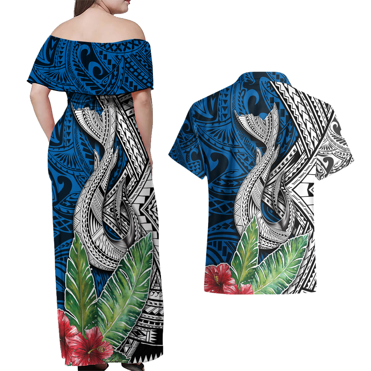 Polynesian Couples Matching Off Shoulder Maxi Dress and Hawaiian Shirt Whale Pattern and Hibiscus Flowers - Wonder Print Shop