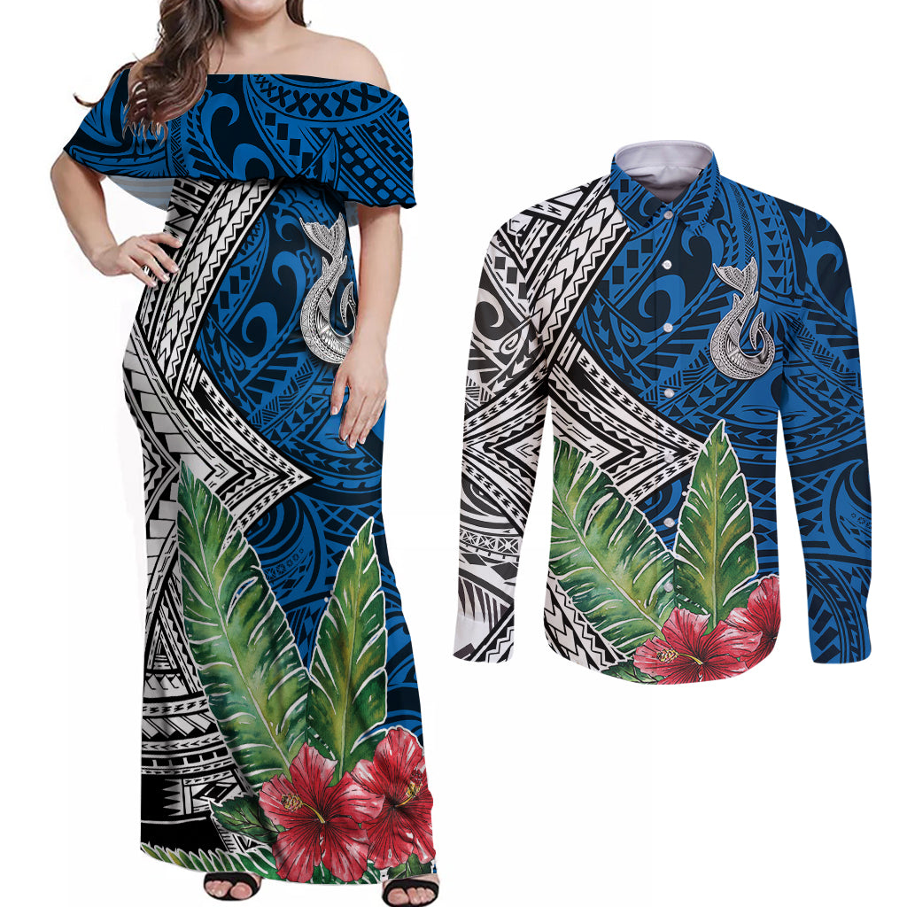 Polynesian Couples Matching Off Shoulder Maxi Dress and Long Sleeve Button Shirts Whale Pattern and Hibiscus Flowers - Wonder Print Shop