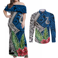 Polynesian Couples Matching Off Shoulder Maxi Dress and Long Sleeve Button Shirts Whale Pattern and Hibiscus Flowers - Wonder Print Shop