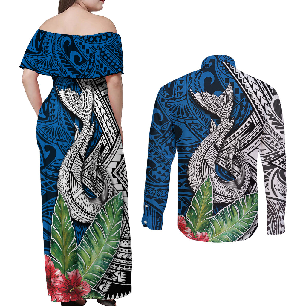 Polynesian Couples Matching Off Shoulder Maxi Dress and Long Sleeve Button Shirts Whale Pattern and Hibiscus Flowers - Wonder Print Shop