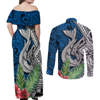 Polynesian Couples Matching Off Shoulder Maxi Dress and Long Sleeve Button Shirts Whale Pattern and Hibiscus Flowers - Wonder Print Shop