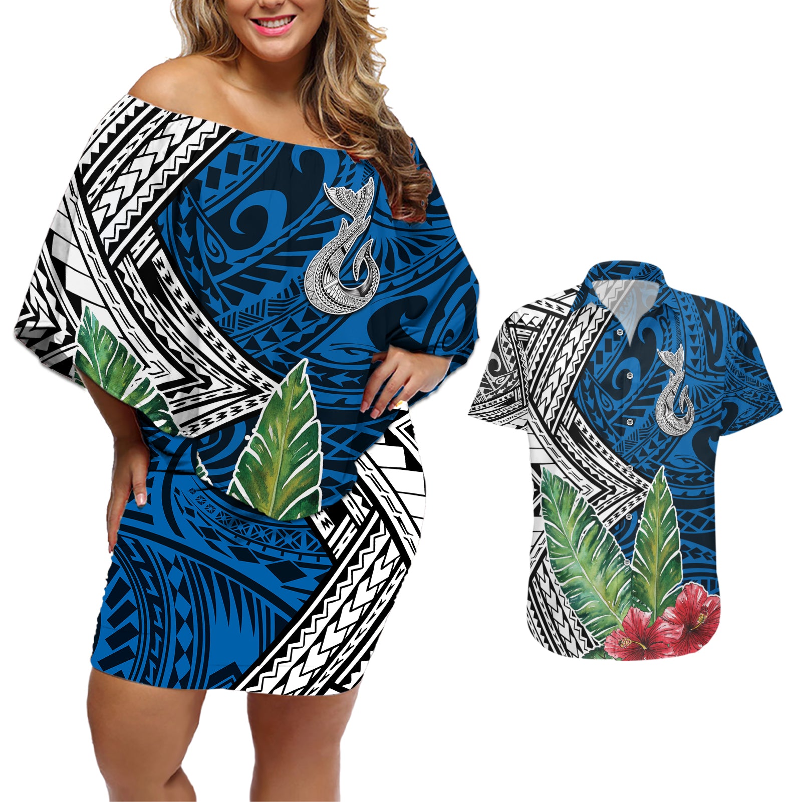 Polynesian Couples Matching Off Shoulder Short Dress and Hawaiian Shirt Whale Pattern and Hibiscus Flowers - Wonder Print Shop