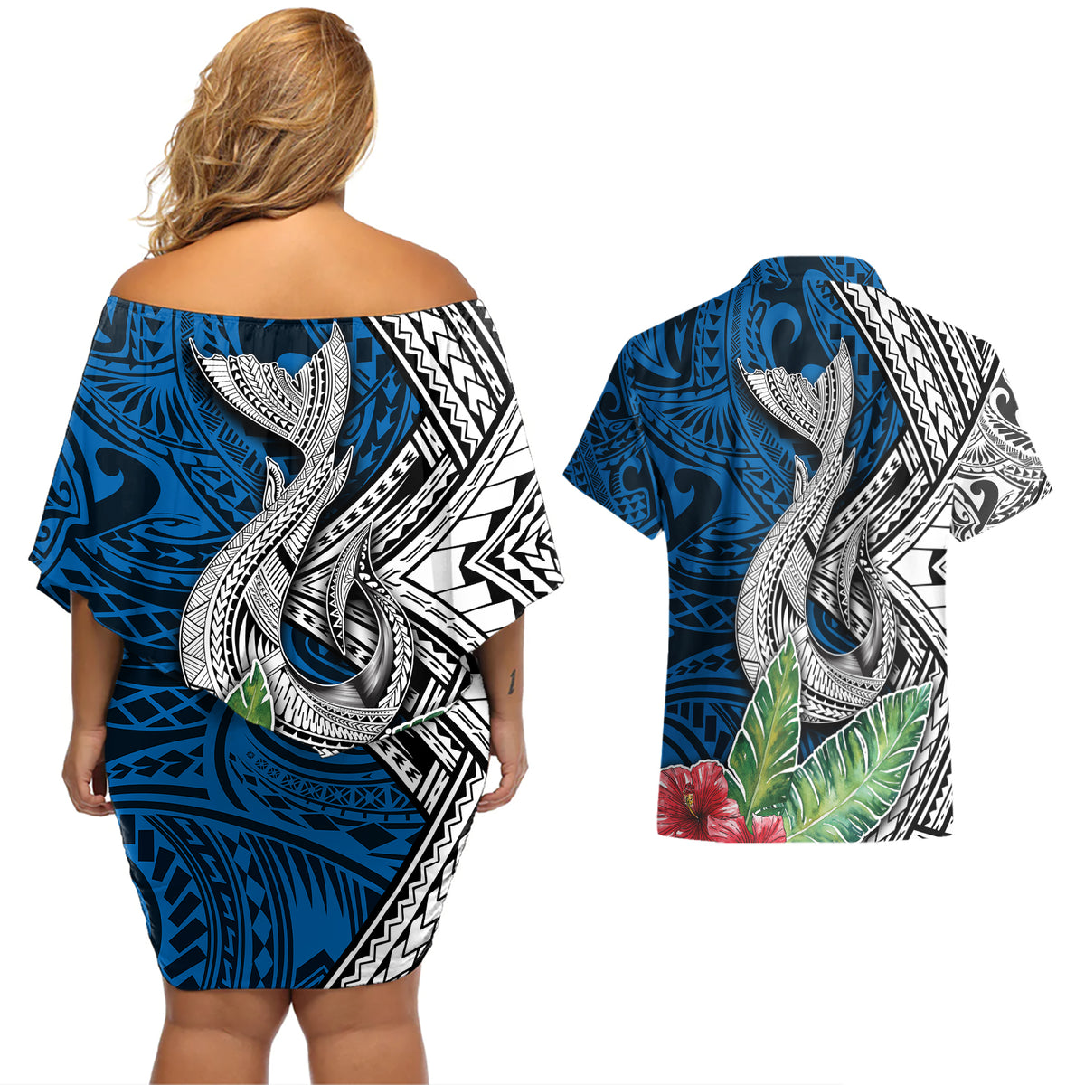 Polynesian Couples Matching Off Shoulder Short Dress and Hawaiian Shirt Whale Pattern and Hibiscus Flowers - Wonder Print Shop