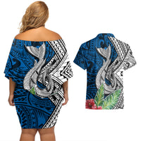 Polynesian Couples Matching Off Shoulder Short Dress and Hawaiian Shirt Whale Pattern and Hibiscus Flowers - Wonder Print Shop
