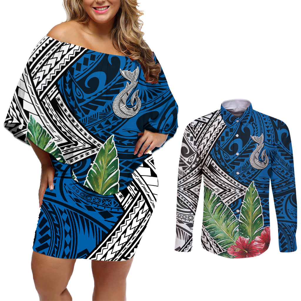 Polynesian Couples Matching Off Shoulder Short Dress and Long Sleeve Button Shirts Whale Pattern and Hibiscus Flowers - Wonder Print Shop