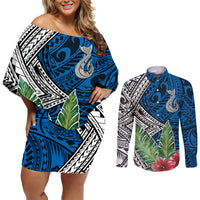 Polynesian Couples Matching Off Shoulder Short Dress and Long Sleeve Button Shirts Whale Pattern and Hibiscus Flowers - Wonder Print Shop