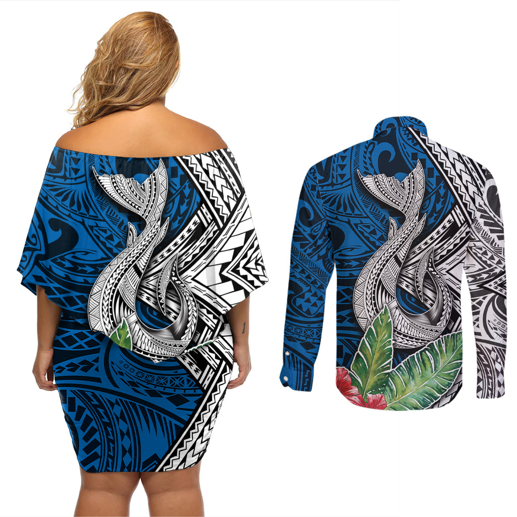 Polynesian Couples Matching Off Shoulder Short Dress and Long Sleeve Button Shirts Whale Pattern and Hibiscus Flowers - Wonder Print Shop