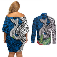 Polynesian Couples Matching Off Shoulder Short Dress and Long Sleeve Button Shirts Whale Pattern and Hibiscus Flowers - Wonder Print Shop