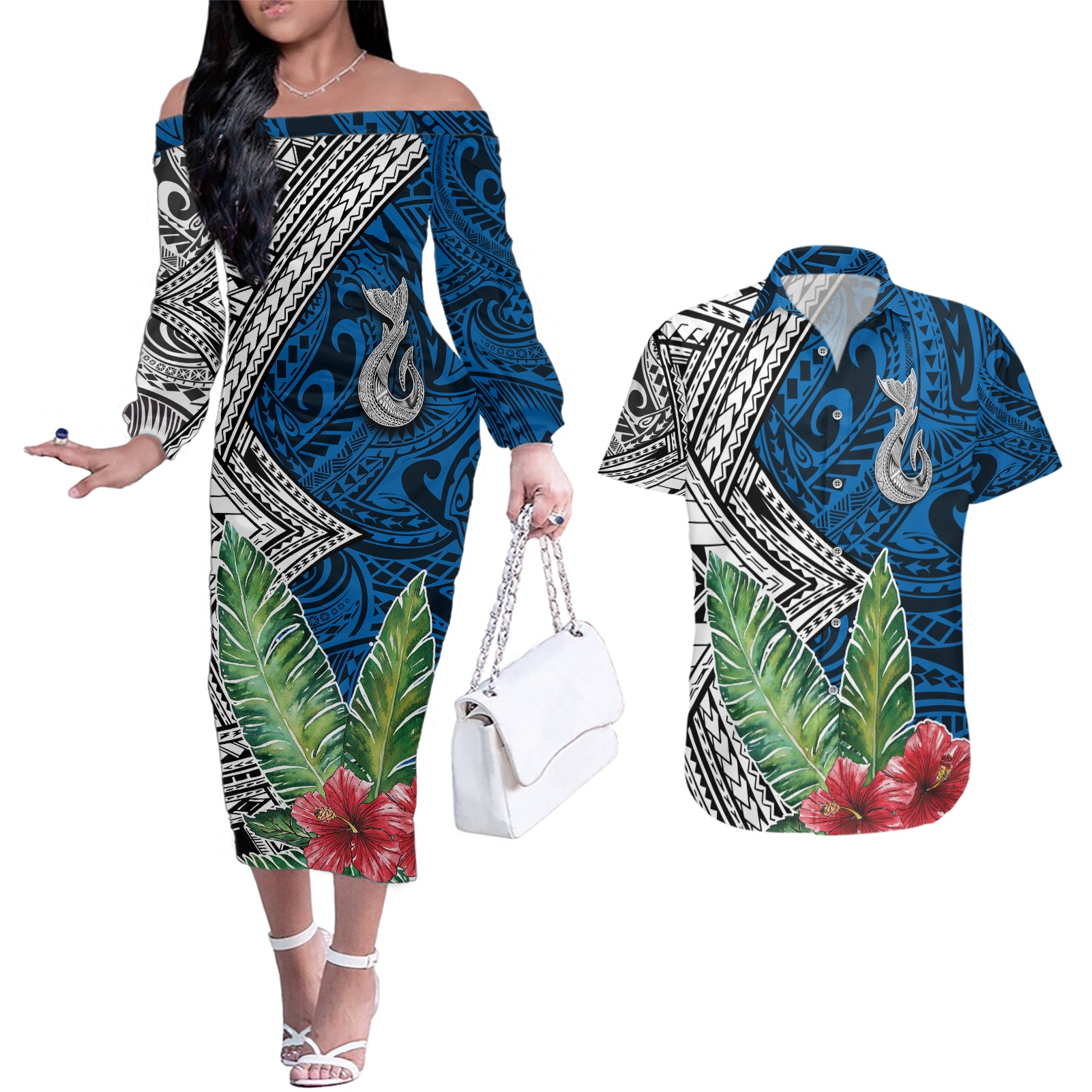 Polynesian Couples Matching Off The Shoulder Long Sleeve Dress and Hawaiian Shirt Whale Pattern and Hibiscus Flowers - Wonder Print Shop