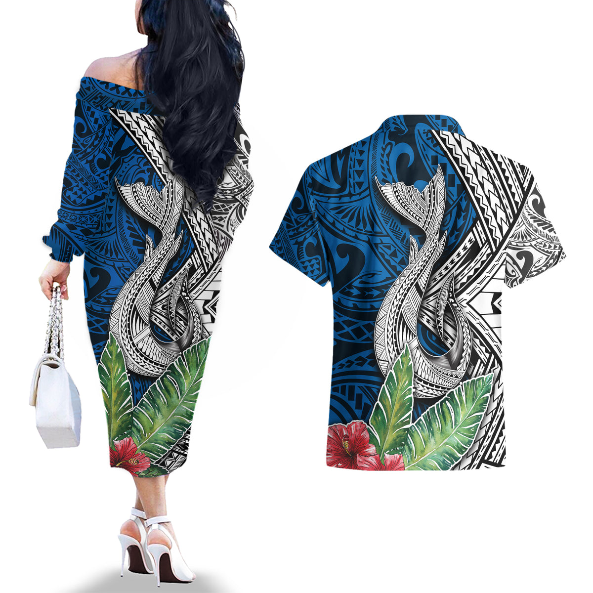 Polynesian Couples Matching Off The Shoulder Long Sleeve Dress and Hawaiian Shirt Whale Pattern and Hibiscus Flowers - Wonder Print Shop
