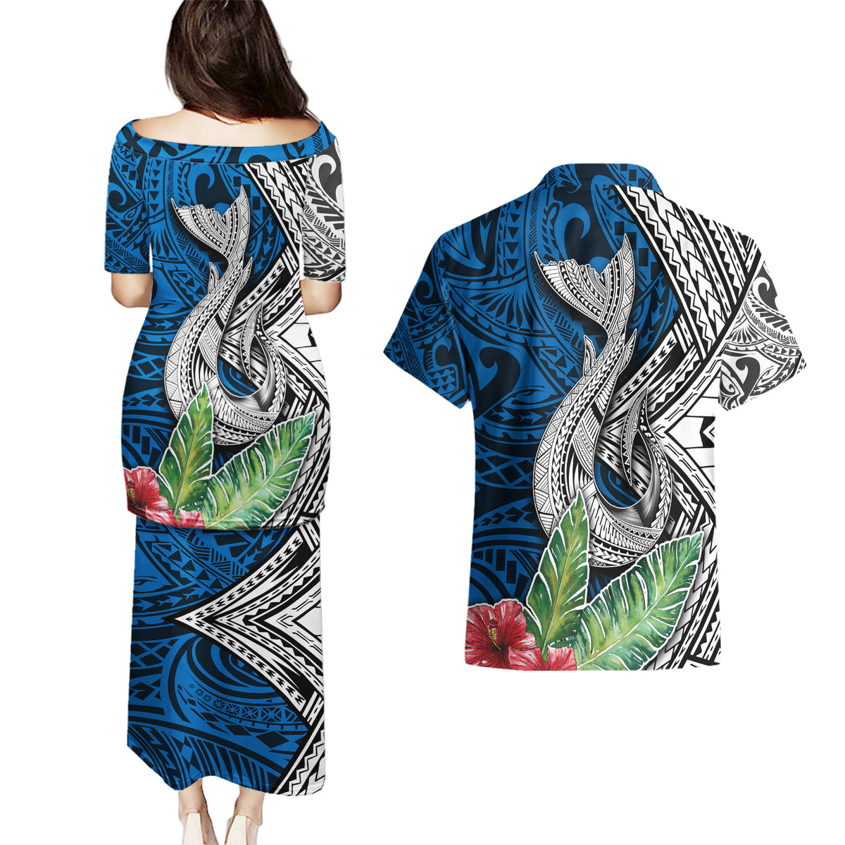 Polynesian Couples Matching Puletasi Dress and Hawaiian Shirt Whale Pattern and Hibiscus Flowers - Wonder Print Shop
