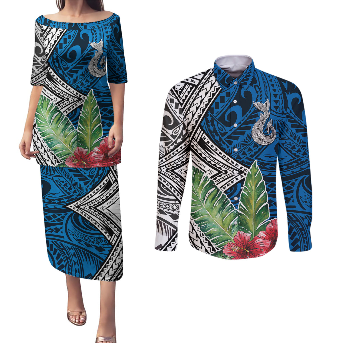 Polynesian Couples Matching Puletasi Dress and Long Sleeve Button Shirts Whale Pattern and Hibiscus Flowers - Wonder Print Shop