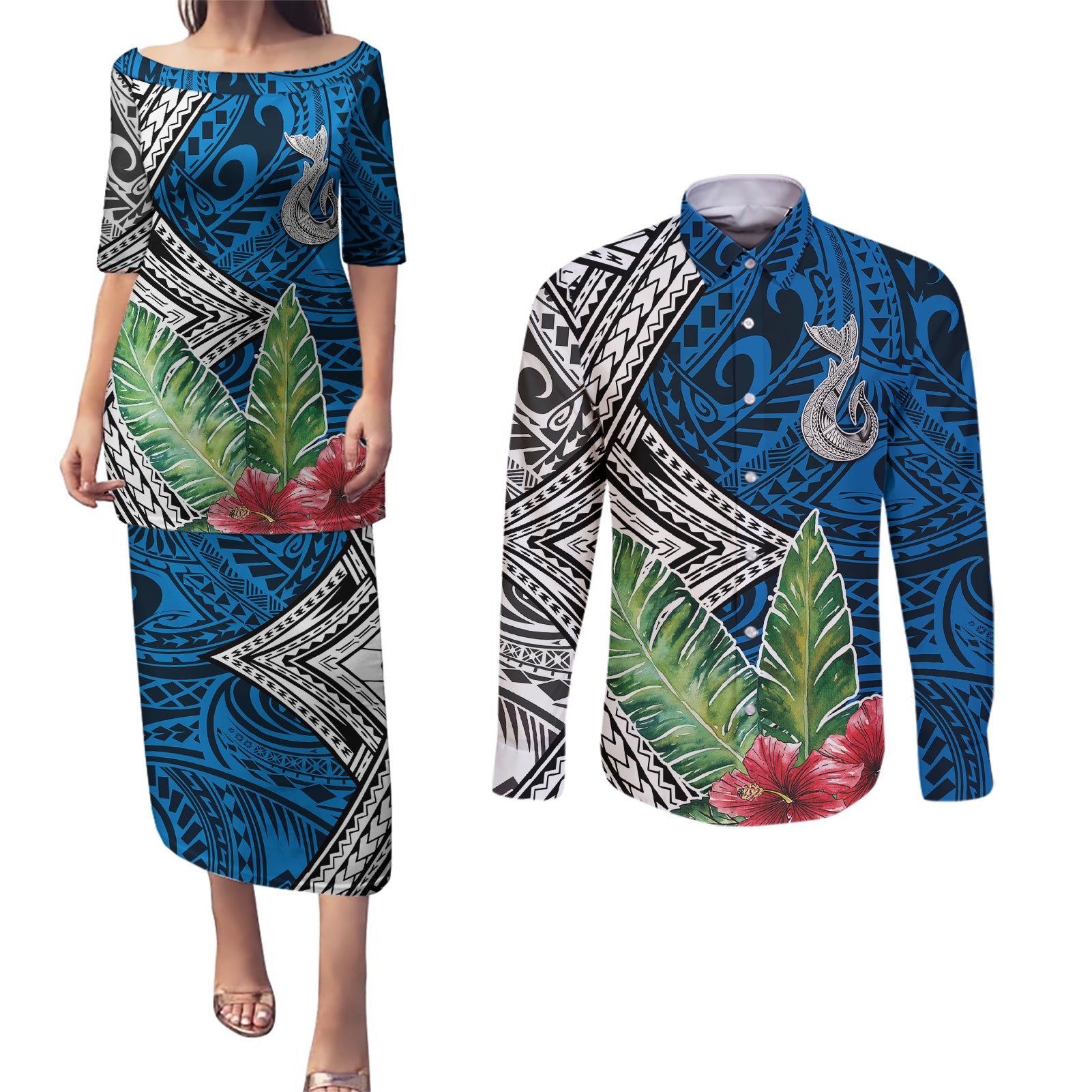 Polynesian Couples Matching Puletasi Dress and Long Sleeve Button Shirts Whale Pattern and Hibiscus Flowers - Wonder Print Shop