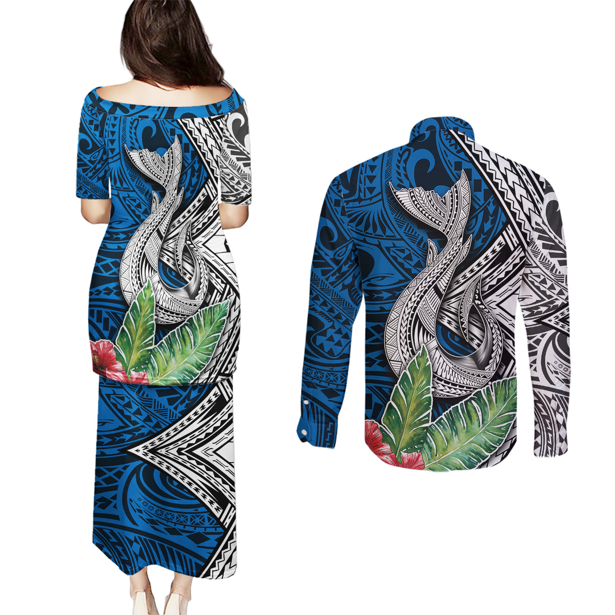 Polynesian Couples Matching Puletasi Dress and Long Sleeve Button Shirts Whale Pattern and Hibiscus Flowers - Wonder Print Shop