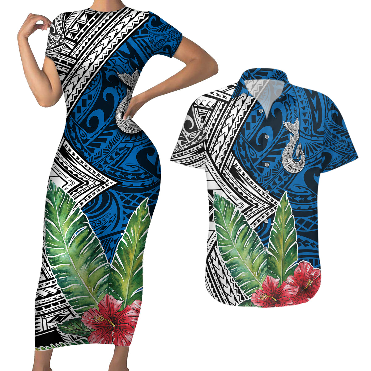 Polynesian Couples Matching Short Sleeve Bodycon Dress and Hawaiian Shirt Whale Pattern and Hibiscus Flowers - Wonder Print Shop