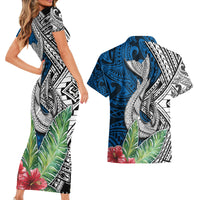 Polynesian Couples Matching Short Sleeve Bodycon Dress and Hawaiian Shirt Whale Pattern and Hibiscus Flowers - Wonder Print Shop