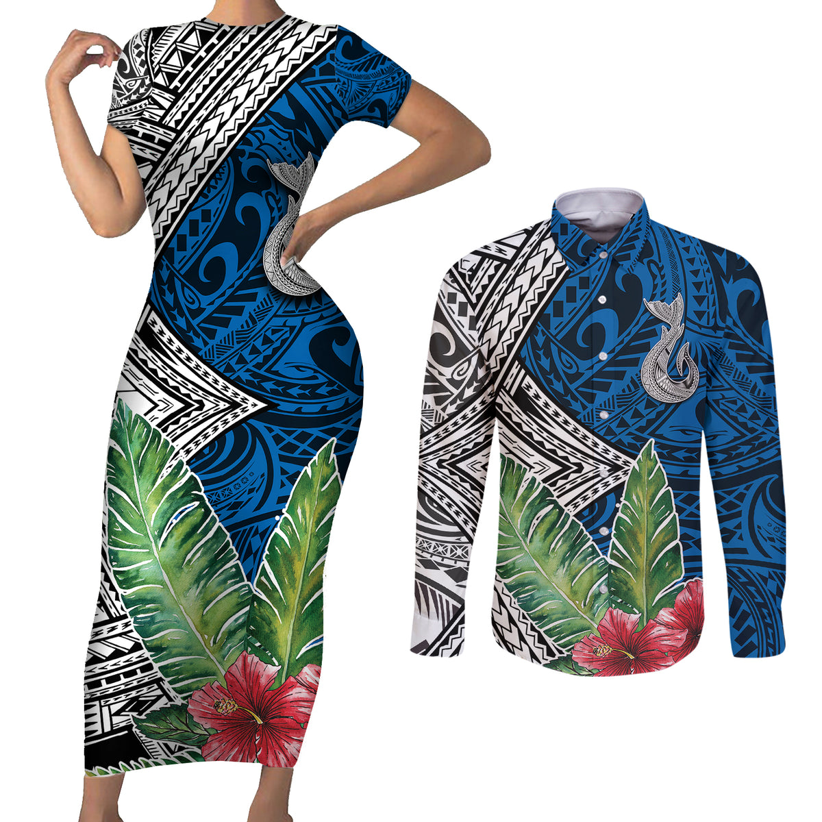 Polynesian Couples Matching Short Sleeve Bodycon Dress and Long Sleeve Button Shirts Whale Pattern and Hibiscus Flowers - Wonder Print Shop