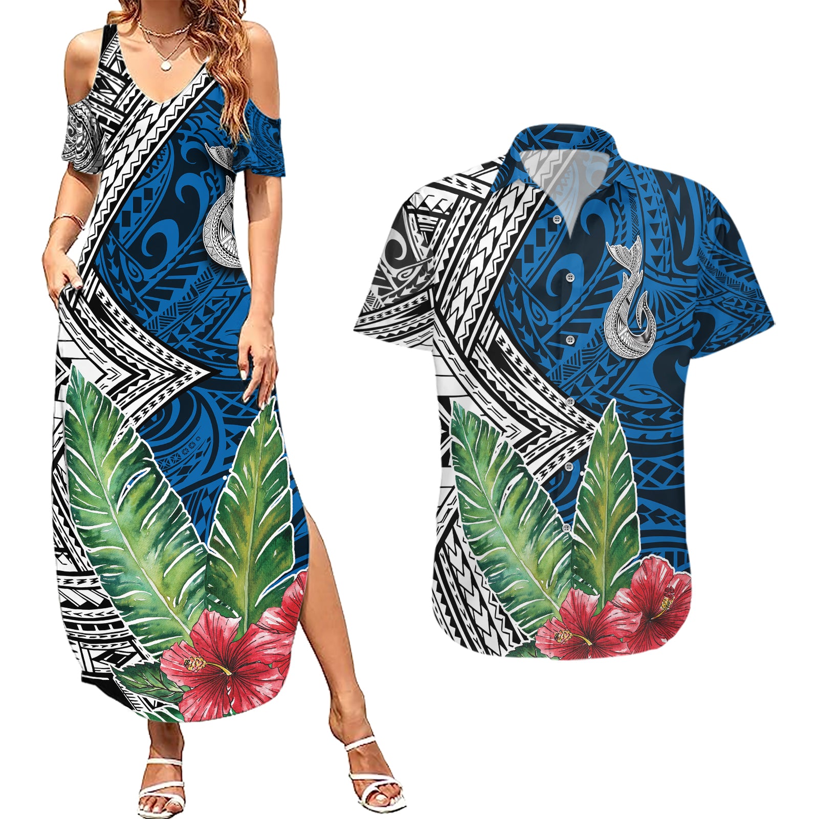 Polynesian Couples Matching Summer Maxi Dress and Hawaiian Shirt Whale Pattern and Hibiscus Flowers - Wonder Print Shop
