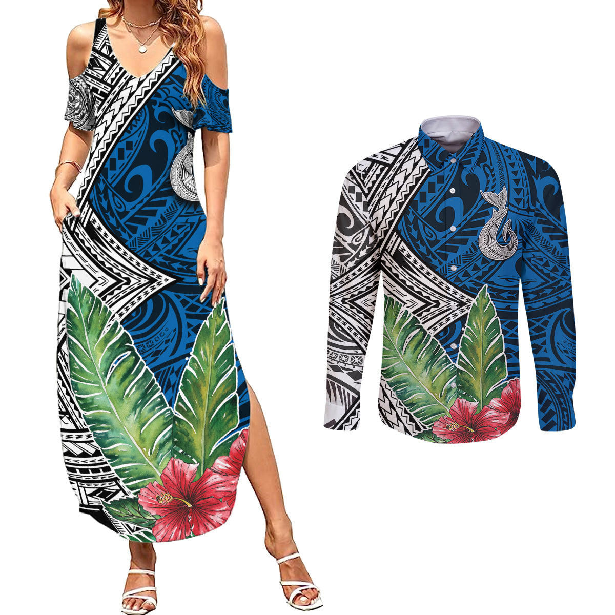 Polynesian Couples Matching Summer Maxi Dress and Long Sleeve Button Shirts Whale Pattern and Hibiscus Flowers - Wonder Print Shop