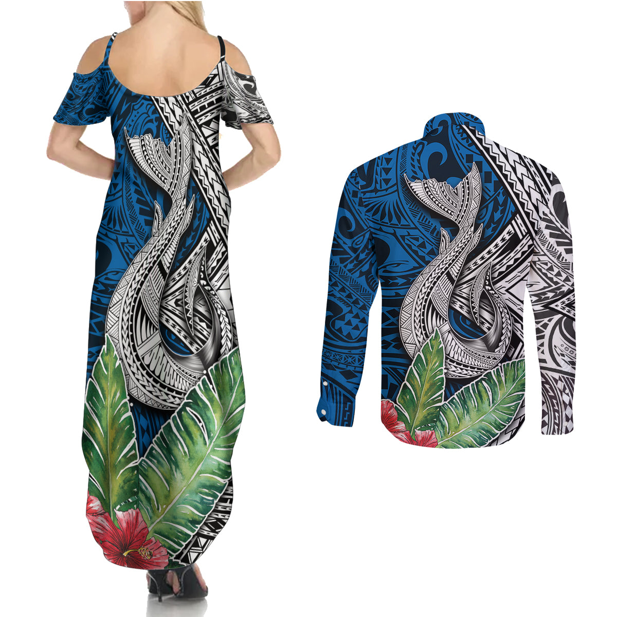 Polynesian Couples Matching Summer Maxi Dress and Long Sleeve Button Shirts Whale Pattern and Hibiscus Flowers - Wonder Print Shop