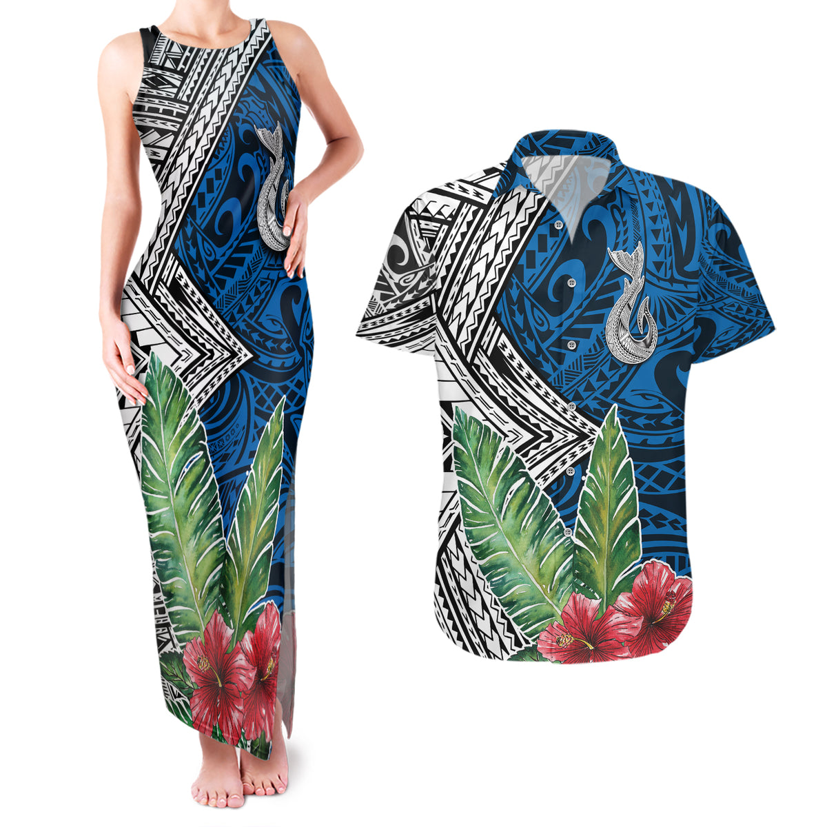 Polynesian Couples Matching Tank Maxi Dress and Hawaiian Shirt Whale Pattern and Hibiscus Flowers - Wonder Print Shop