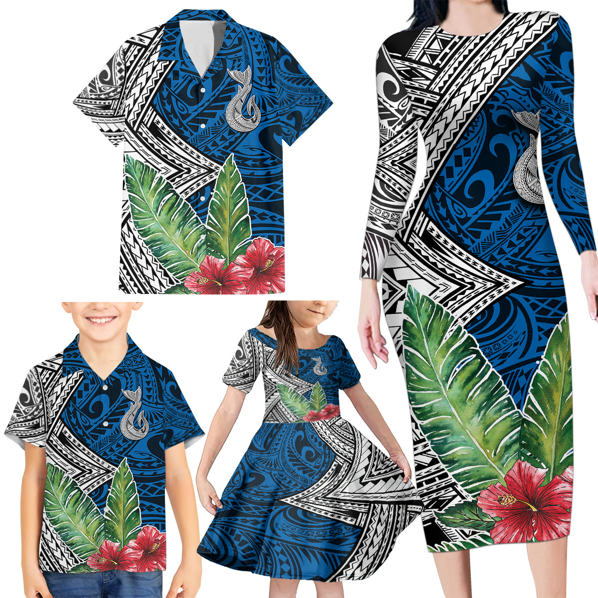 Polynesian Family Matching Long Sleeve Bodycon Dress and Hawaiian Shirt Whale Pattern and Hibiscus Flowers - Wonder Print Shop