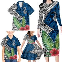 Polynesian Family Matching Long Sleeve Bodycon Dress and Hawaiian Shirt Whale Pattern and Hibiscus Flowers - Wonder Print Shop