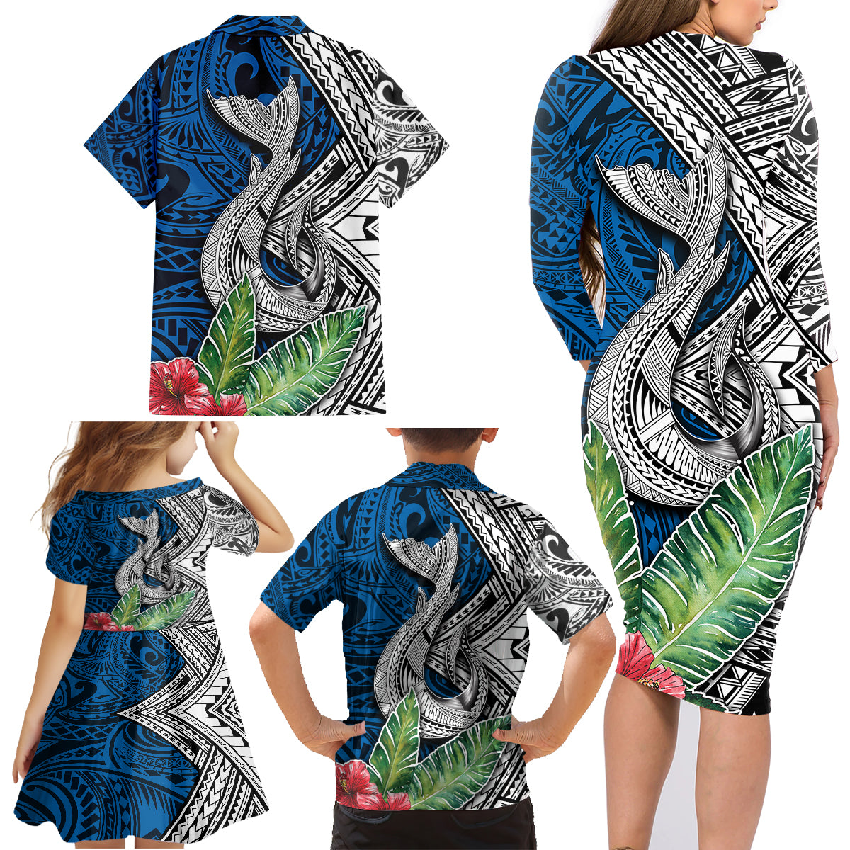 Polynesian Family Matching Long Sleeve Bodycon Dress and Hawaiian Shirt Whale Pattern and Hibiscus Flowers - Wonder Print Shop
