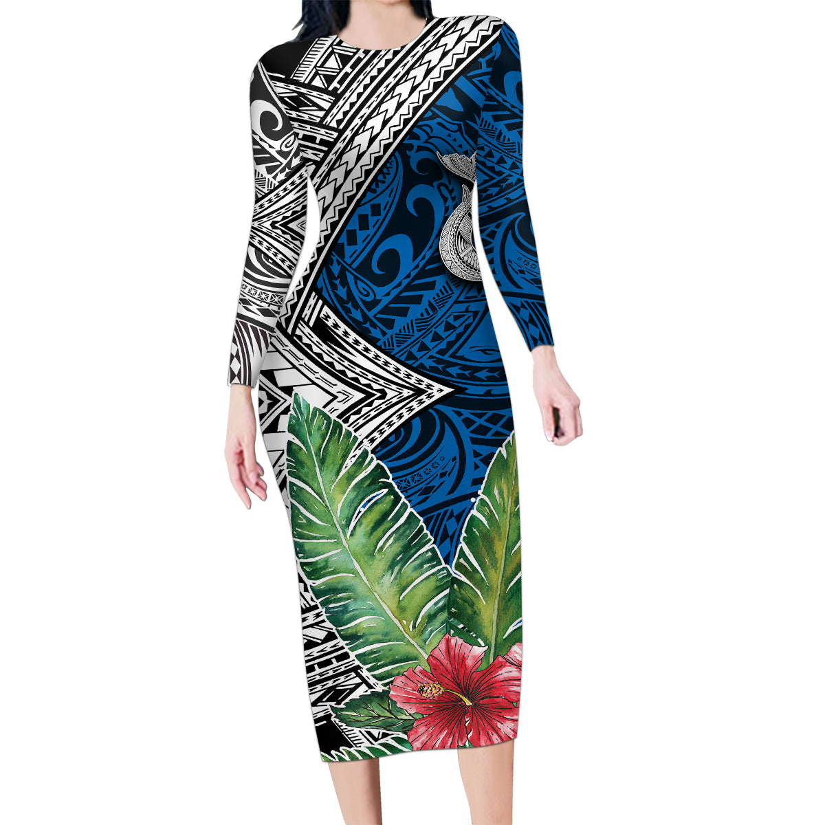 Polynesian Family Matching Long Sleeve Bodycon Dress and Hawaiian Shirt Whale Pattern and Hibiscus Flowers - Wonder Print Shop