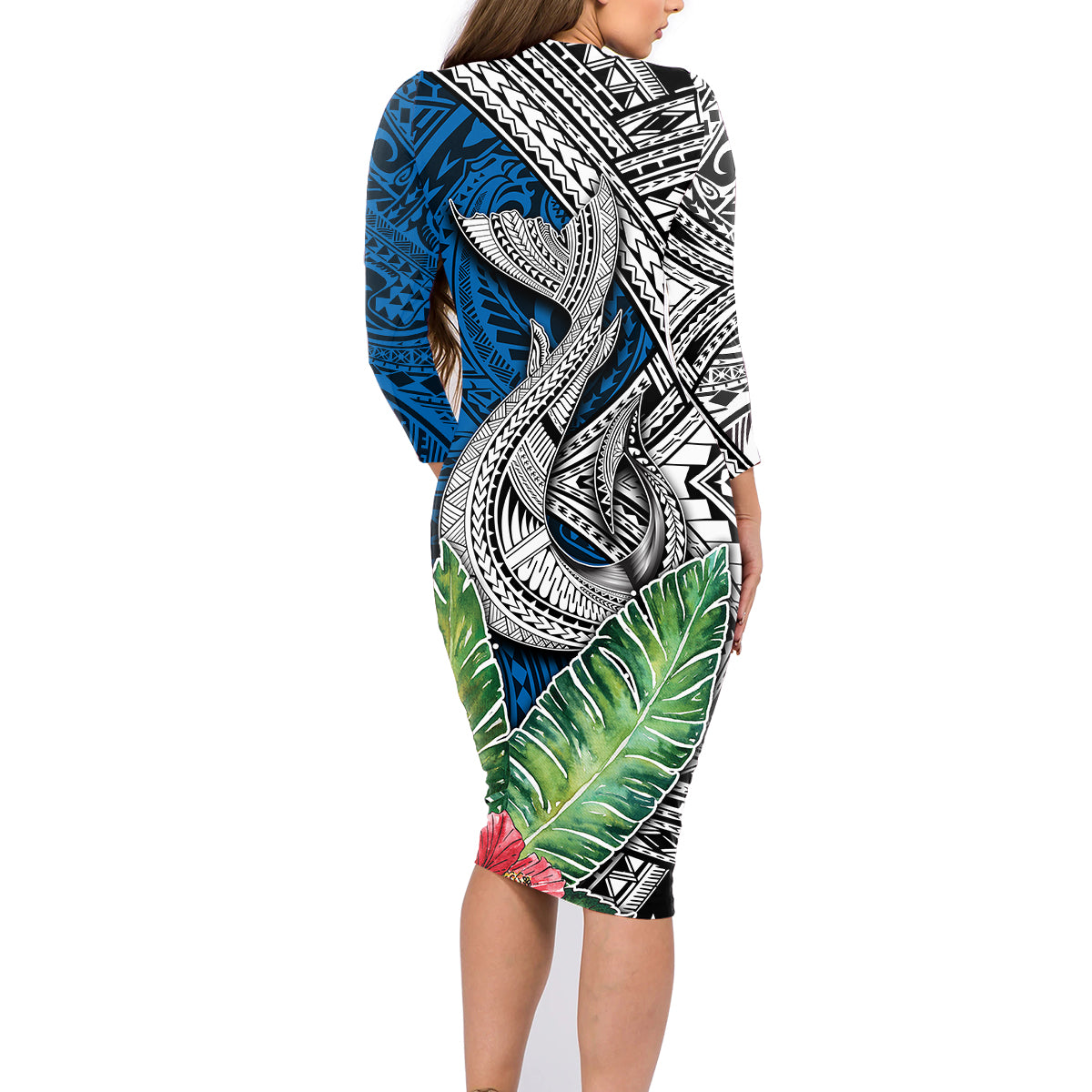 Polynesian Family Matching Long Sleeve Bodycon Dress and Hawaiian Shirt Whale Pattern and Hibiscus Flowers - Wonder Print Shop