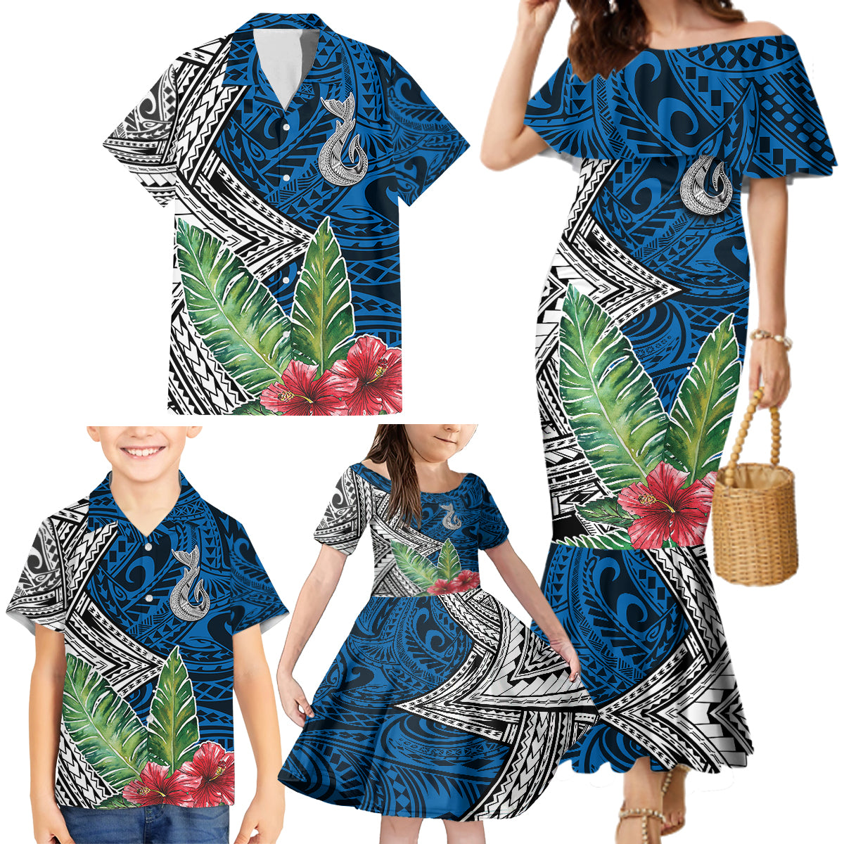 Polynesian Family Matching Mermaid Dress and Hawaiian Shirt Whale Pattern and Hibiscus Flowers - Wonder Print Shop