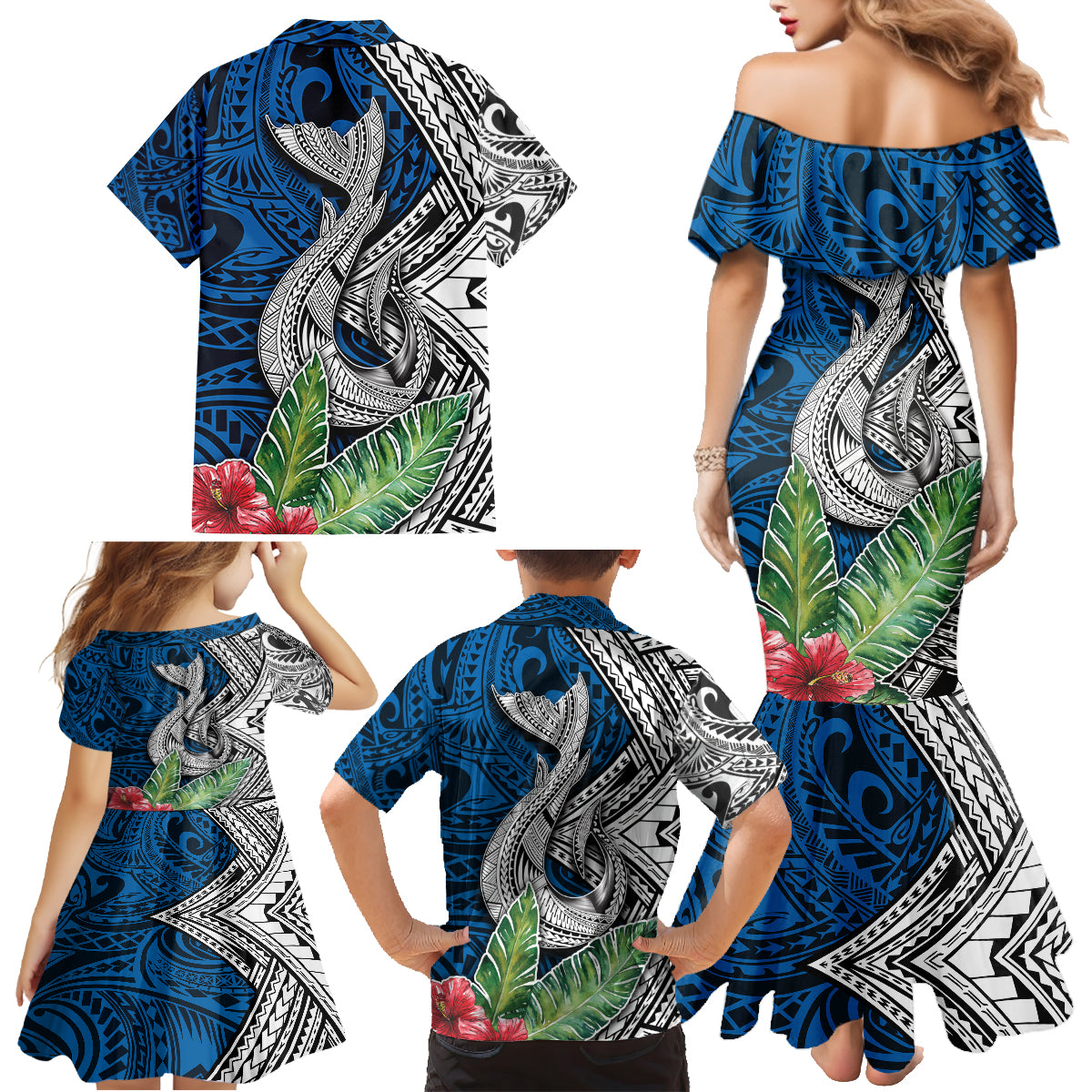 Polynesian Family Matching Mermaid Dress and Hawaiian Shirt Whale Pattern and Hibiscus Flowers - Wonder Print Shop