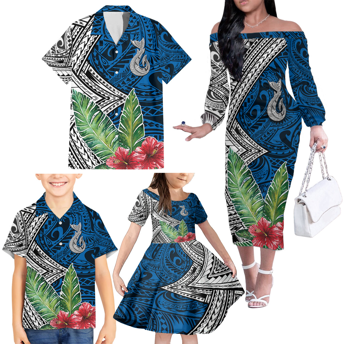 Polynesian Family Matching Off Shoulder Long Sleeve Dress and Hawaiian Shirt Whale Pattern and Hibiscus Flowers - Wonder Print Shop