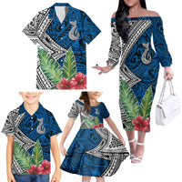 Polynesian Family Matching Off Shoulder Long Sleeve Dress and Hawaiian Shirt Whale Pattern and Hibiscus Flowers - Wonder Print Shop
