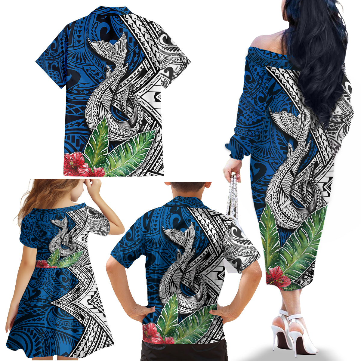 Polynesian Family Matching Off Shoulder Long Sleeve Dress and Hawaiian Shirt Whale Pattern and Hibiscus Flowers - Wonder Print Shop