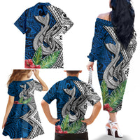 Polynesian Family Matching Off Shoulder Long Sleeve Dress and Hawaiian Shirt Whale Pattern and Hibiscus Flowers - Wonder Print Shop