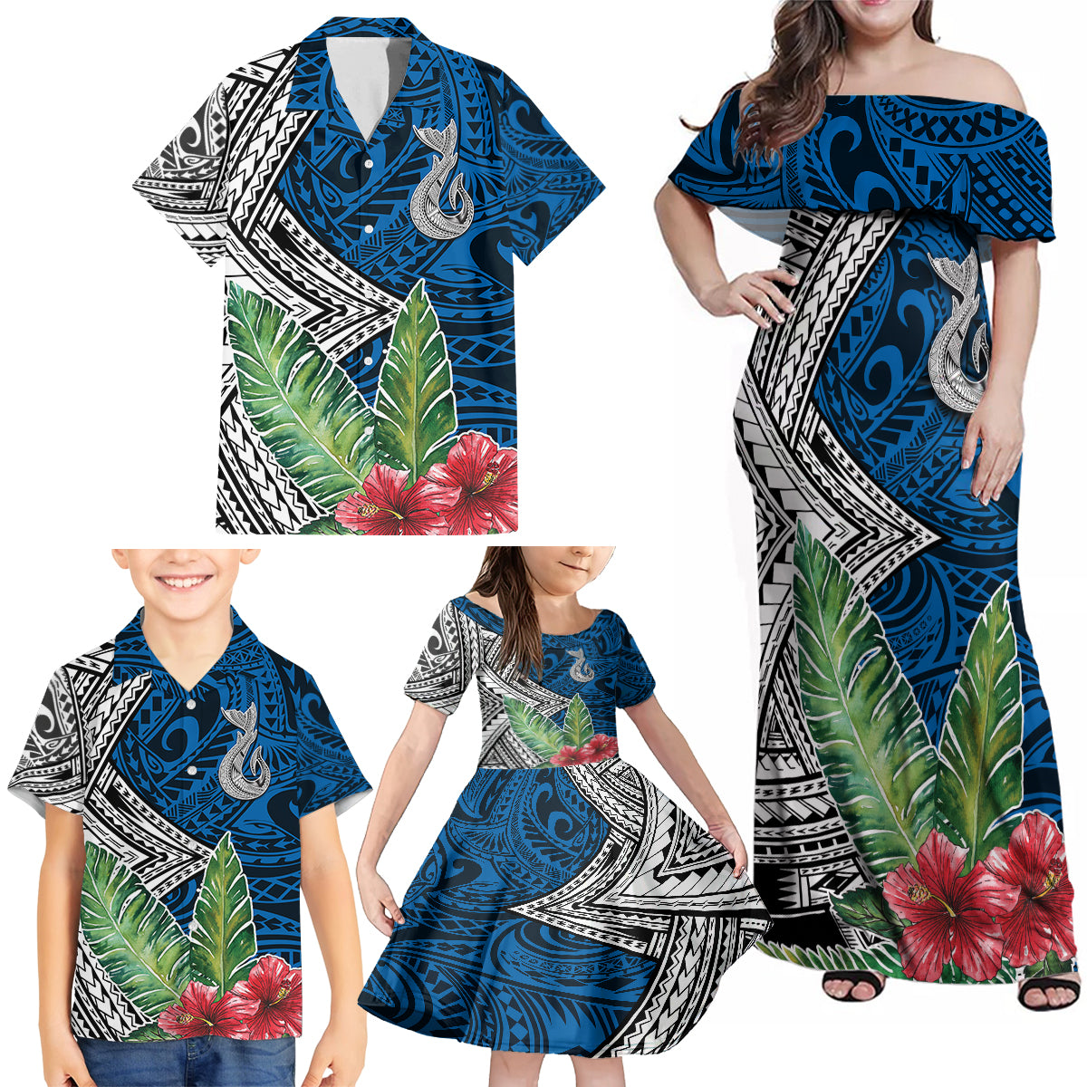 Polynesian Family Matching Off Shoulder Maxi Dress and Hawaiian Shirt Whale Pattern and Hibiscus Flowers - Wonder Print Shop