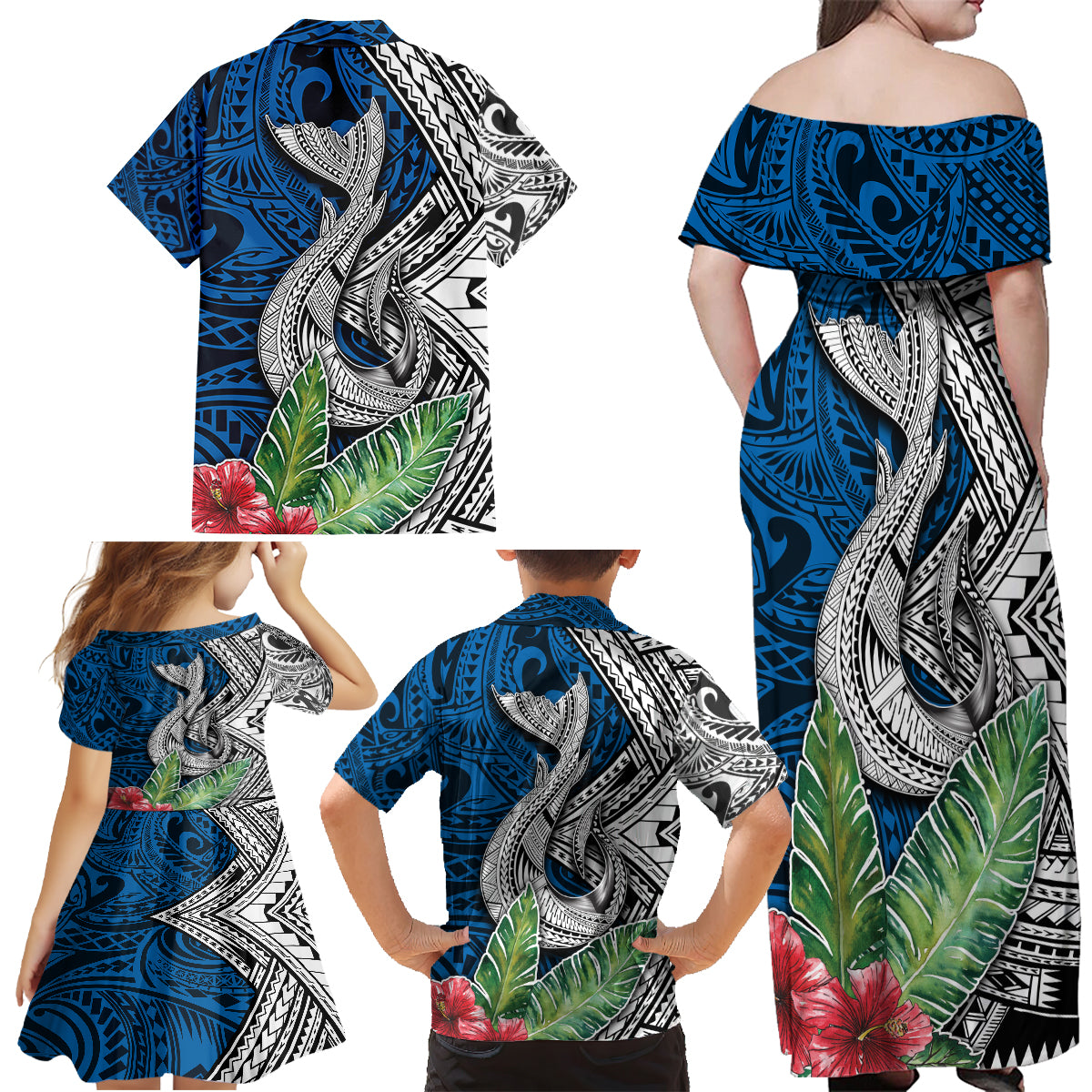 Polynesian Family Matching Off Shoulder Maxi Dress and Hawaiian Shirt Whale Pattern and Hibiscus Flowers - Wonder Print Shop
