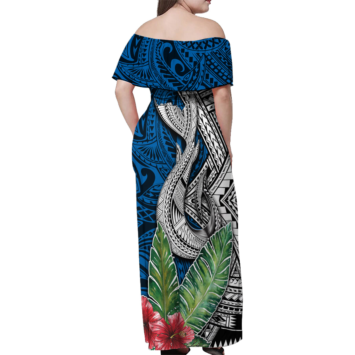 Polynesian Family Matching Off Shoulder Maxi Dress and Hawaiian Shirt Whale Pattern and Hibiscus Flowers - Wonder Print Shop