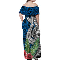 Polynesian Family Matching Off Shoulder Maxi Dress and Hawaiian Shirt Whale Pattern and Hibiscus Flowers - Wonder Print Shop