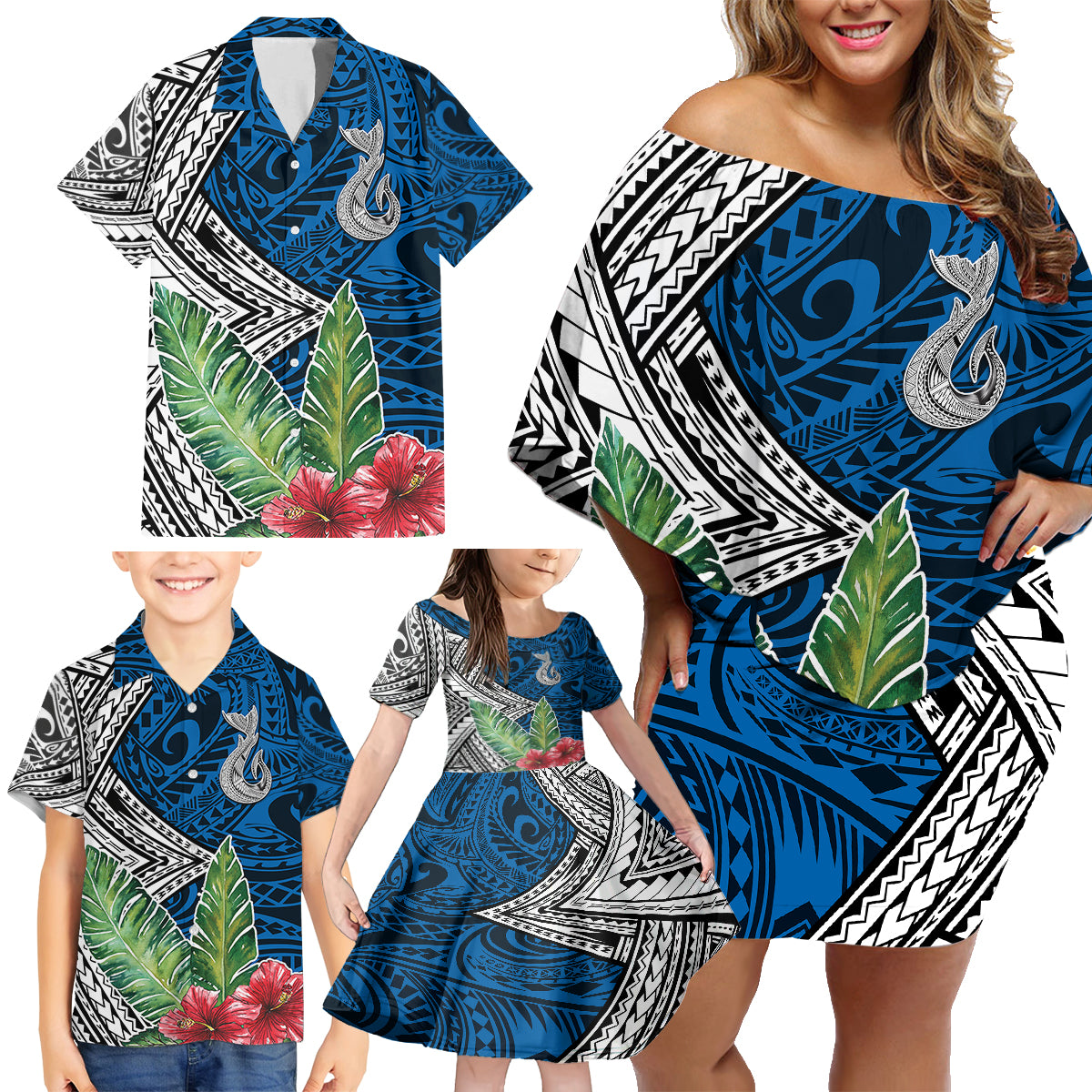 Polynesian Family Matching Off Shoulder Short Dress and Hawaiian Shirt Whale Pattern and Hibiscus Flowers - Wonder Print Shop