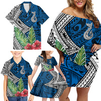 Polynesian Family Matching Off Shoulder Short Dress and Hawaiian Shirt Whale Pattern and Hibiscus Flowers - Wonder Print Shop
