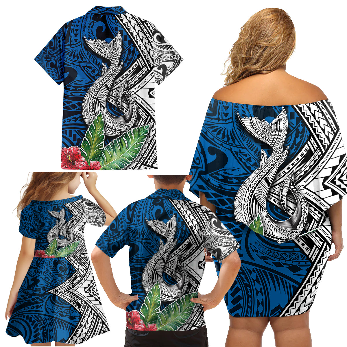 Polynesian Family Matching Off Shoulder Short Dress and Hawaiian Shirt Whale Pattern and Hibiscus Flowers - Wonder Print Shop