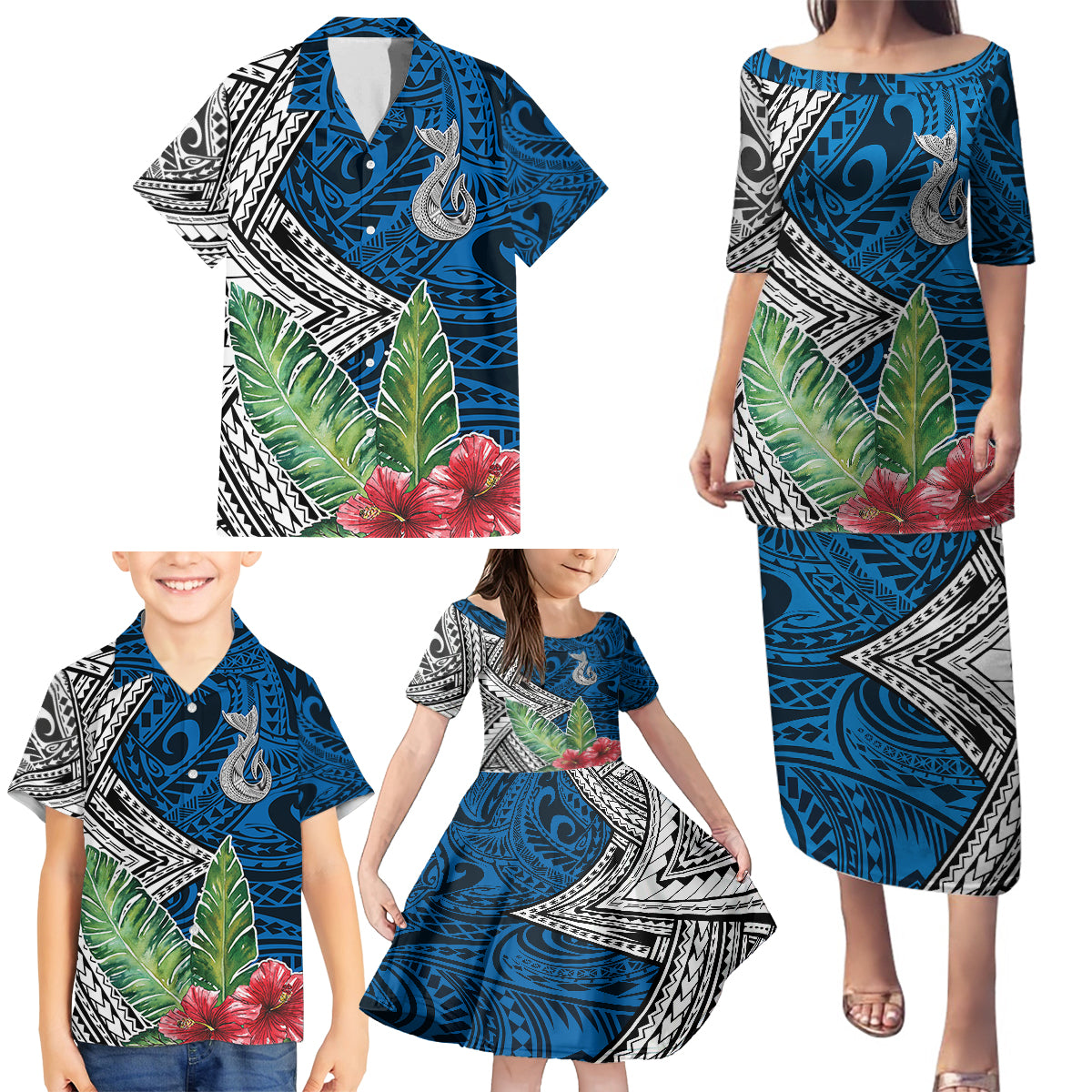 Polynesian Family Matching Puletasi Dress and Hawaiian Shirt Whale Pattern and Hibiscus Flowers - Wonder Print Shop