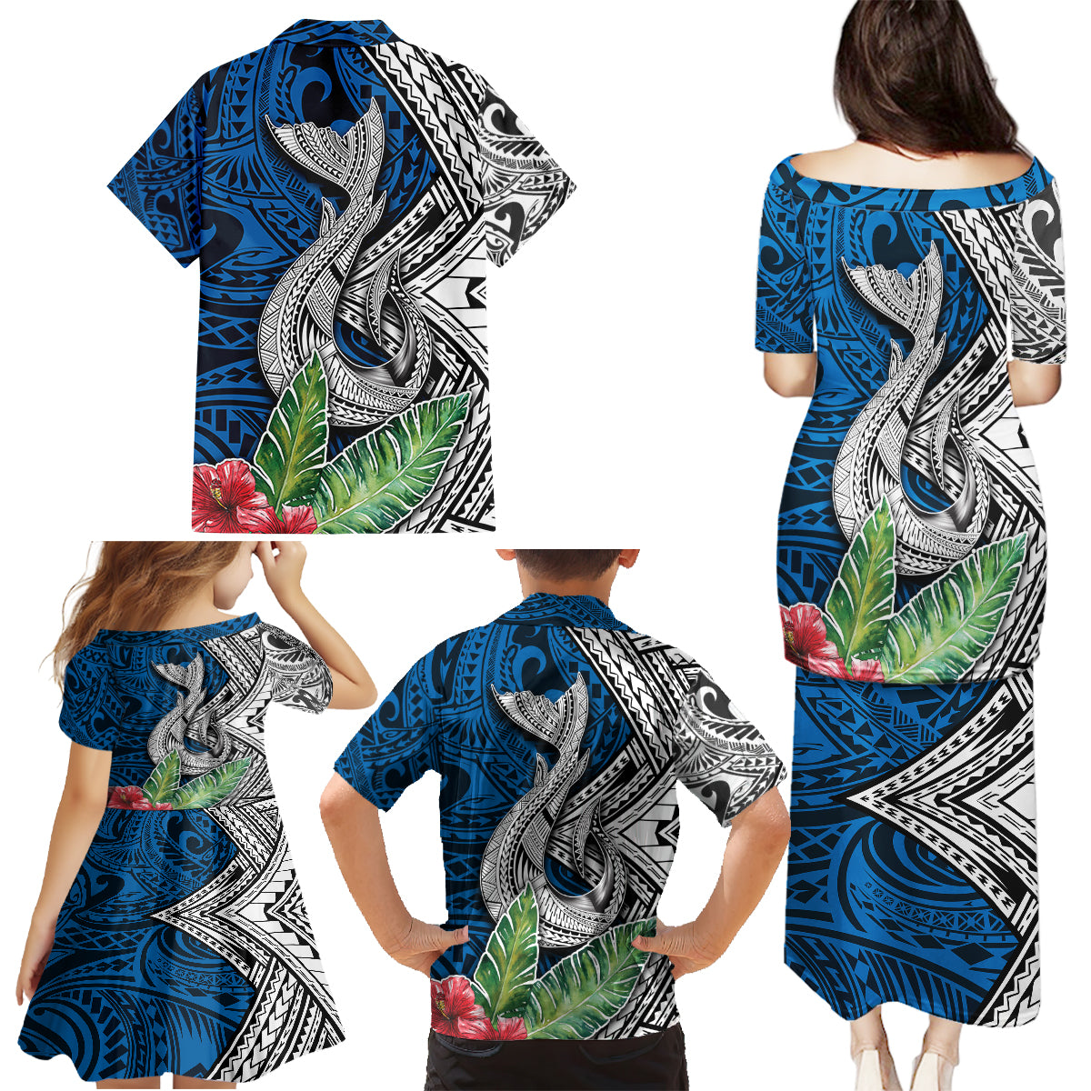 Polynesian Family Matching Puletasi Dress and Hawaiian Shirt Whale Pattern and Hibiscus Flowers - Wonder Print Shop
