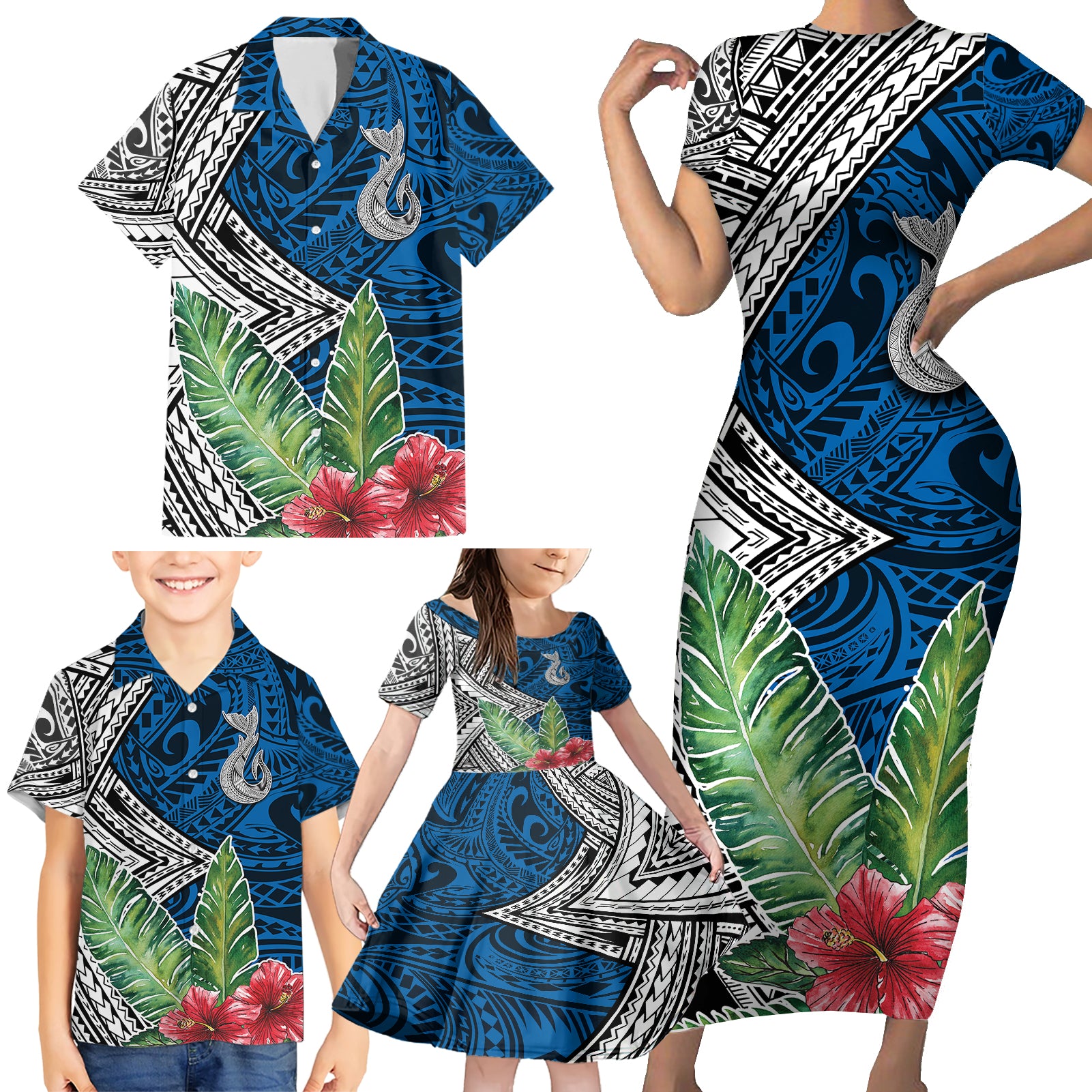 Polynesian Family Matching Short Sleeve Bodycon Dress and Hawaiian Shirt Whale Pattern and Hibiscus Flowers - Wonder Print Shop