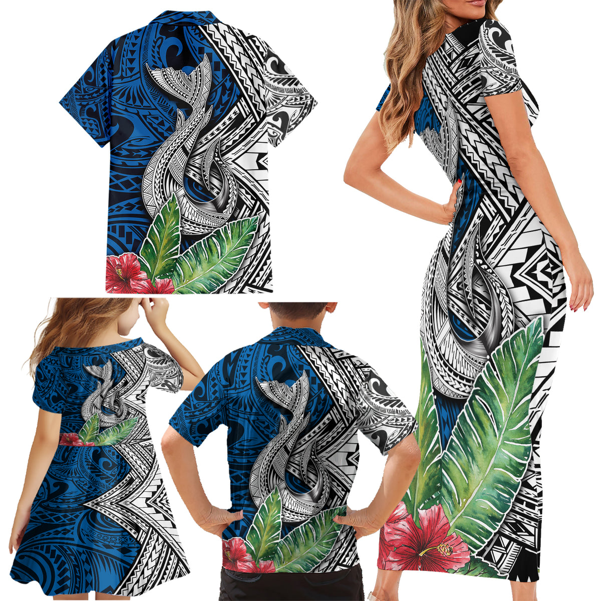 Polynesian Family Matching Short Sleeve Bodycon Dress and Hawaiian Shirt Whale Pattern and Hibiscus Flowers - Wonder Print Shop
