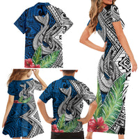 Polynesian Family Matching Short Sleeve Bodycon Dress and Hawaiian Shirt Whale Pattern and Hibiscus Flowers - Wonder Print Shop